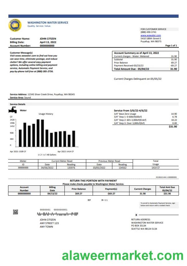 USA Washington Water Service utility bill template in Word and PDF format